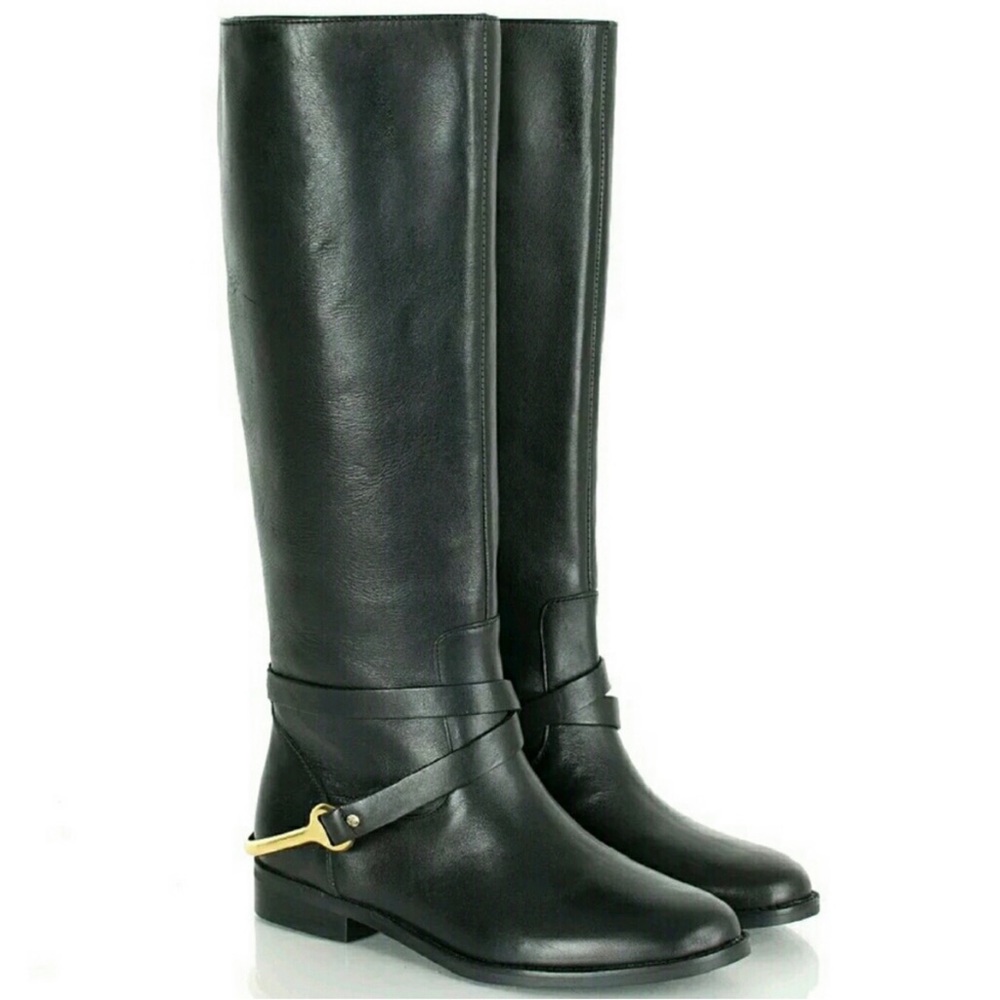 Ralph Lauren Jenny Leather Riding Boots Tall Black Leather Stirrup SZ 8.5